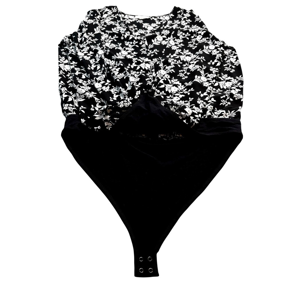 Loft Outlet Bodysuit Large‎ Floral Button Front Sheer Long Sleeve Black White